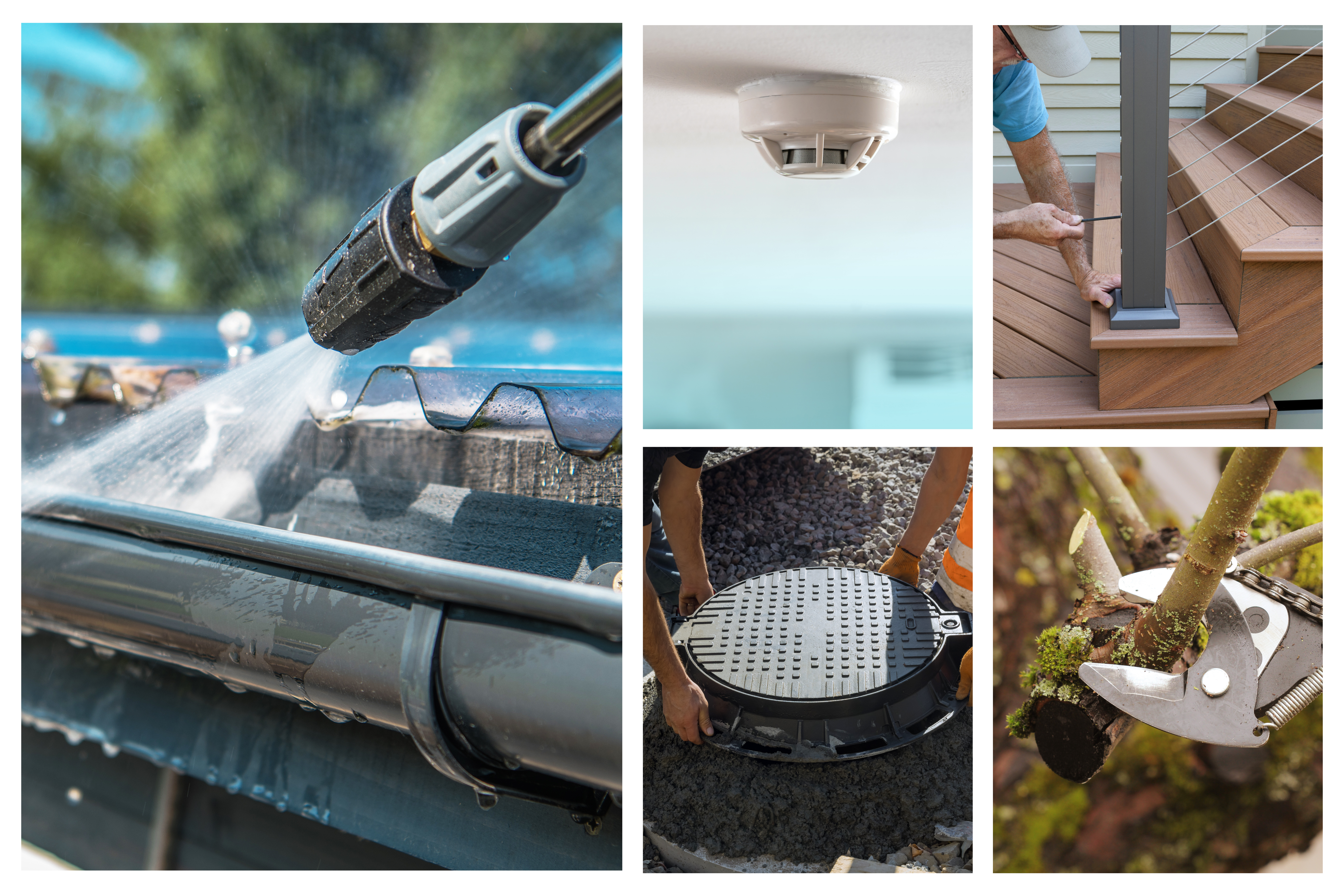 Collage of cottage maintenance tasks including gutter cleaning, smoke detector inspection, deck repair, septic system servicing, and tree trimming.