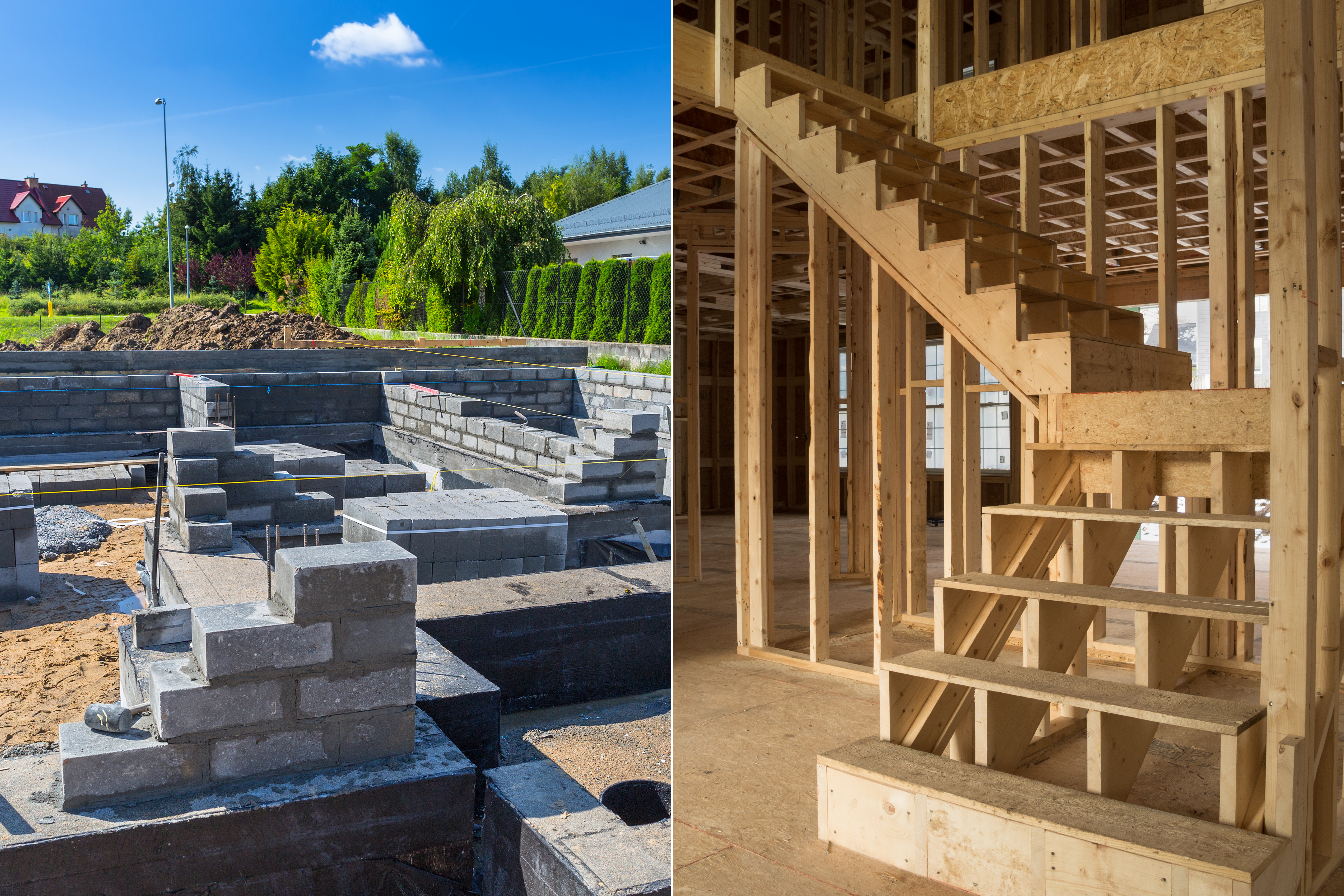 Side-by-side view of concrete foundation and wood framing — two of the most expensive parts of building a custom home due to structural complexity and material volume.