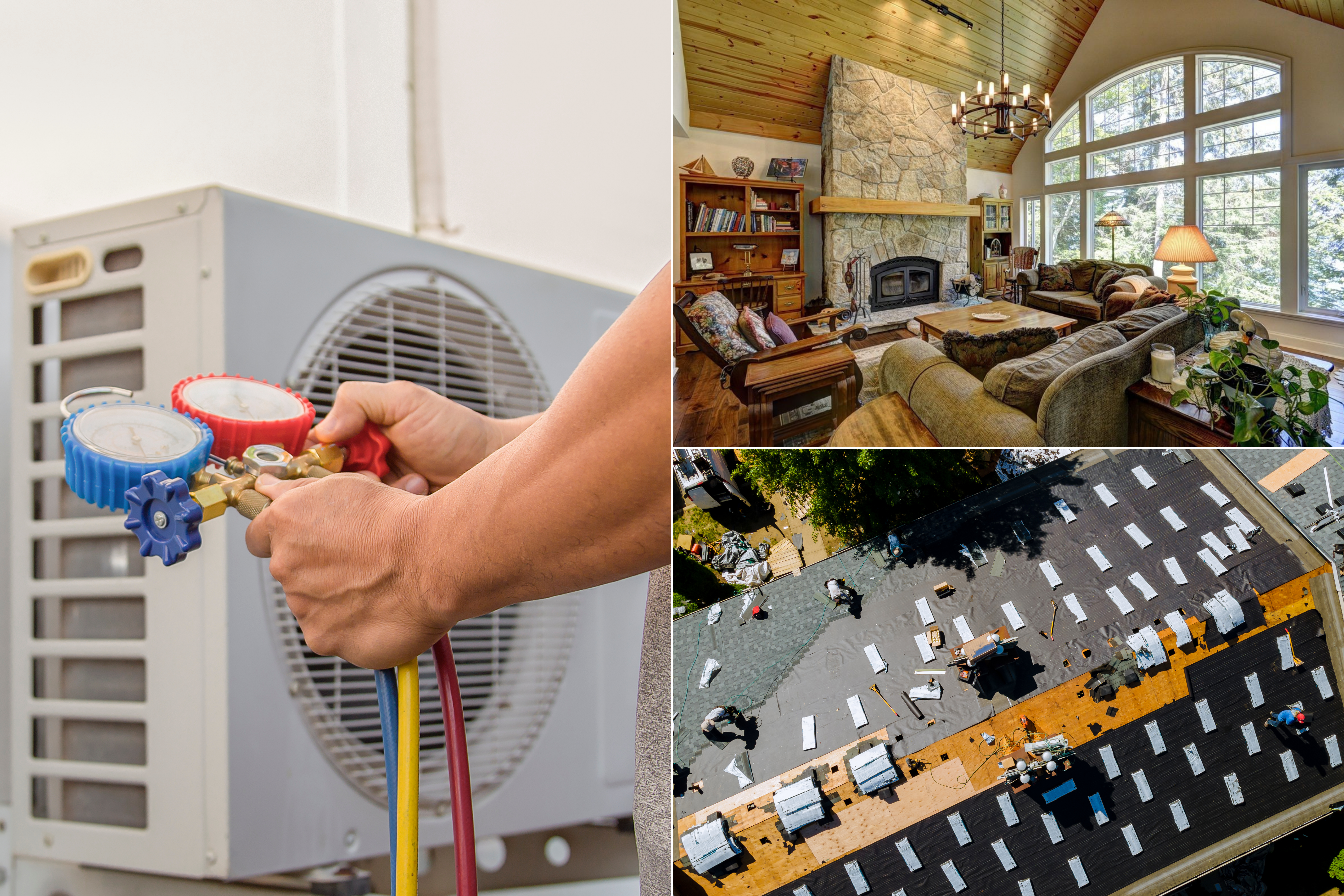 Collage of HVAC installation, custom interior finishes, and roofing work — key systems and finishes that contribute to the most expensive parts of building a custom home.