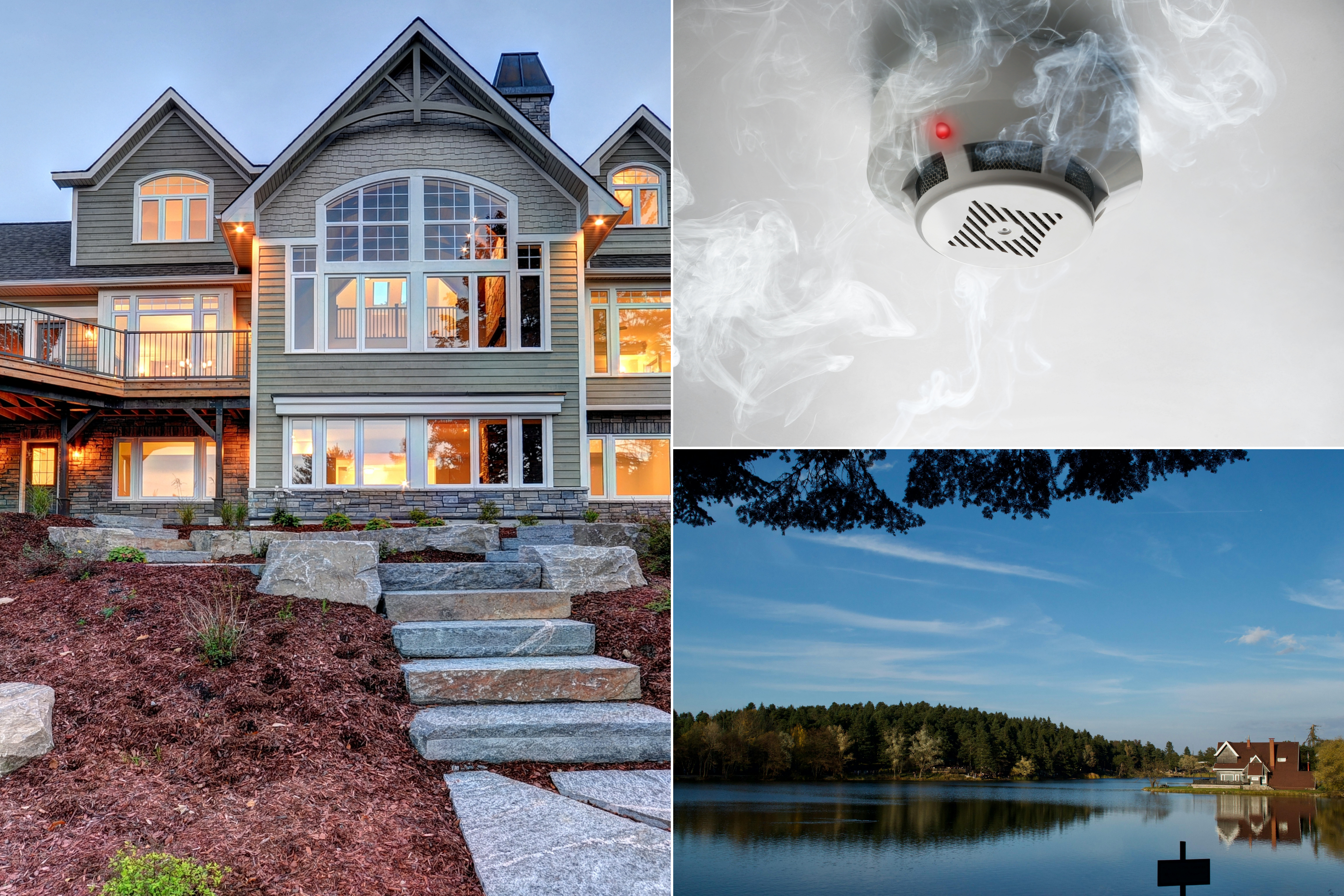 Luxury cottage with waterfront view, smoke detector, and secure surroundings, illustrating the importance of Cottage Insurance in Ontario.